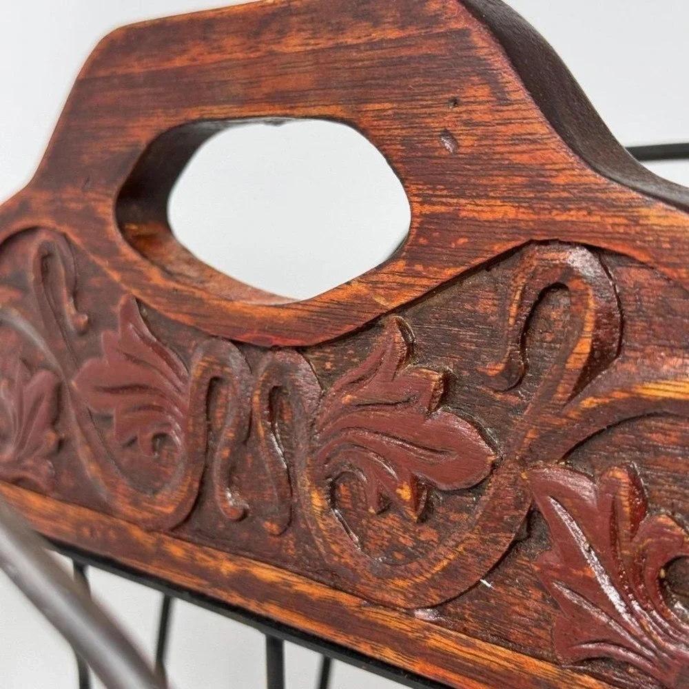 Vintage Carved Wood and Metal Wire Magazine Rack‎ Scrollwork Handle Brown